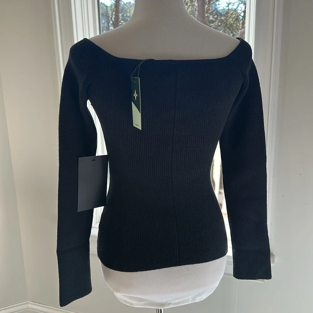 NWT TUCKERNUCK Black Knit Nicola Long Sleeve Off The Shoulder V Neck Top, Large - Picture 7 of 11